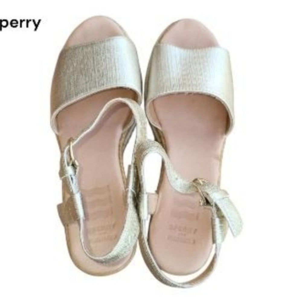Sperry Topsider Plushwave Fairwater Metallic Gold Tan Leather Espadrille Wedge 9 - Picture 7 of 12